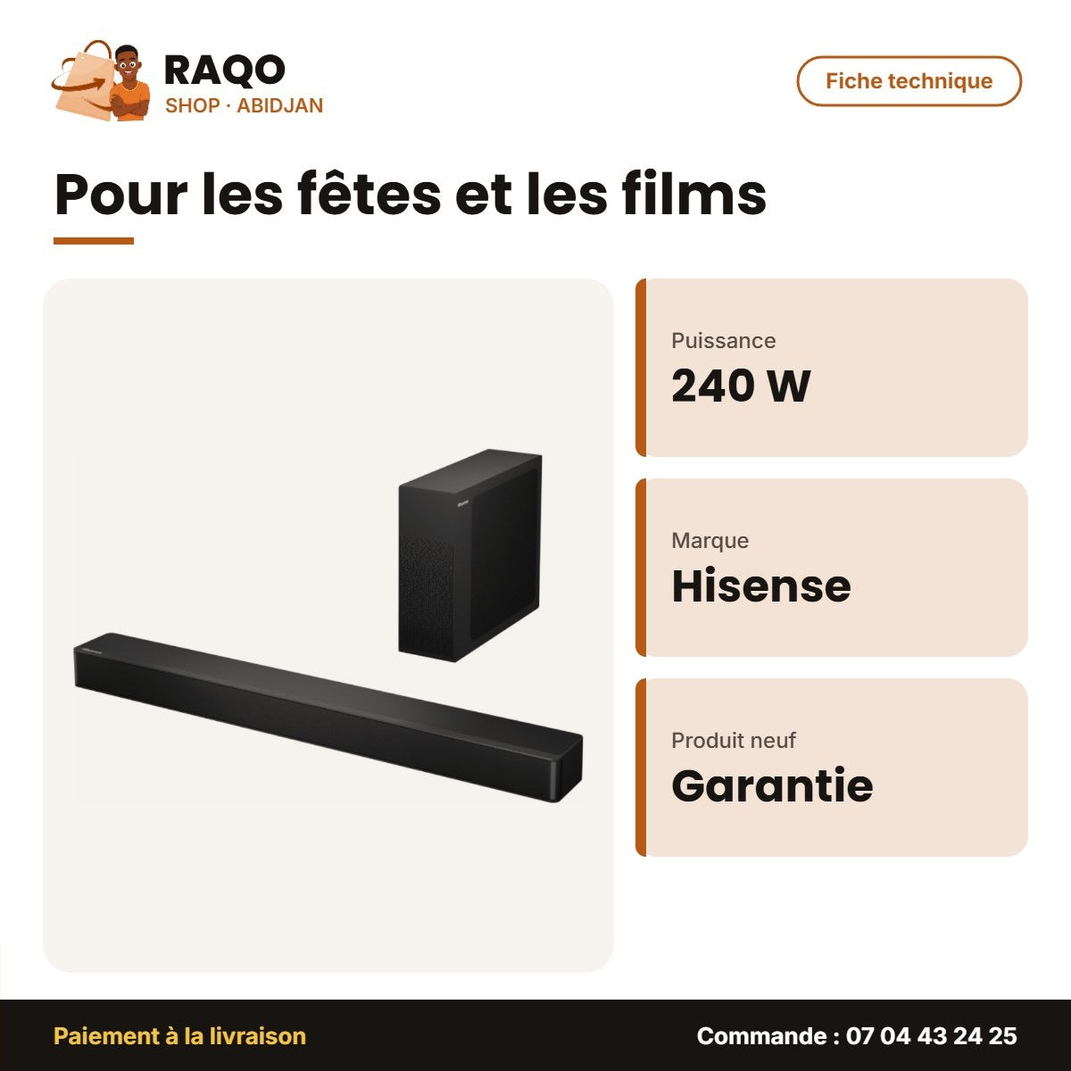 Barre de Son Hisense – Caisson de Basse sans Fil 2.1CH – 240W – Dolby-Fm-HDMI-Bt | HS2100FM