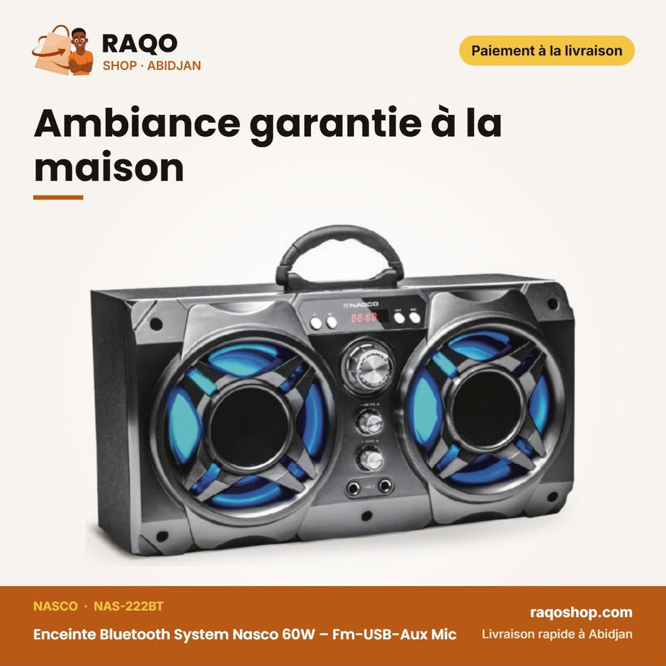Enceinte Bluetooth System Nasco 60W – Fm-USB-Aux Mic – Karaoke Function | NAS-222BT