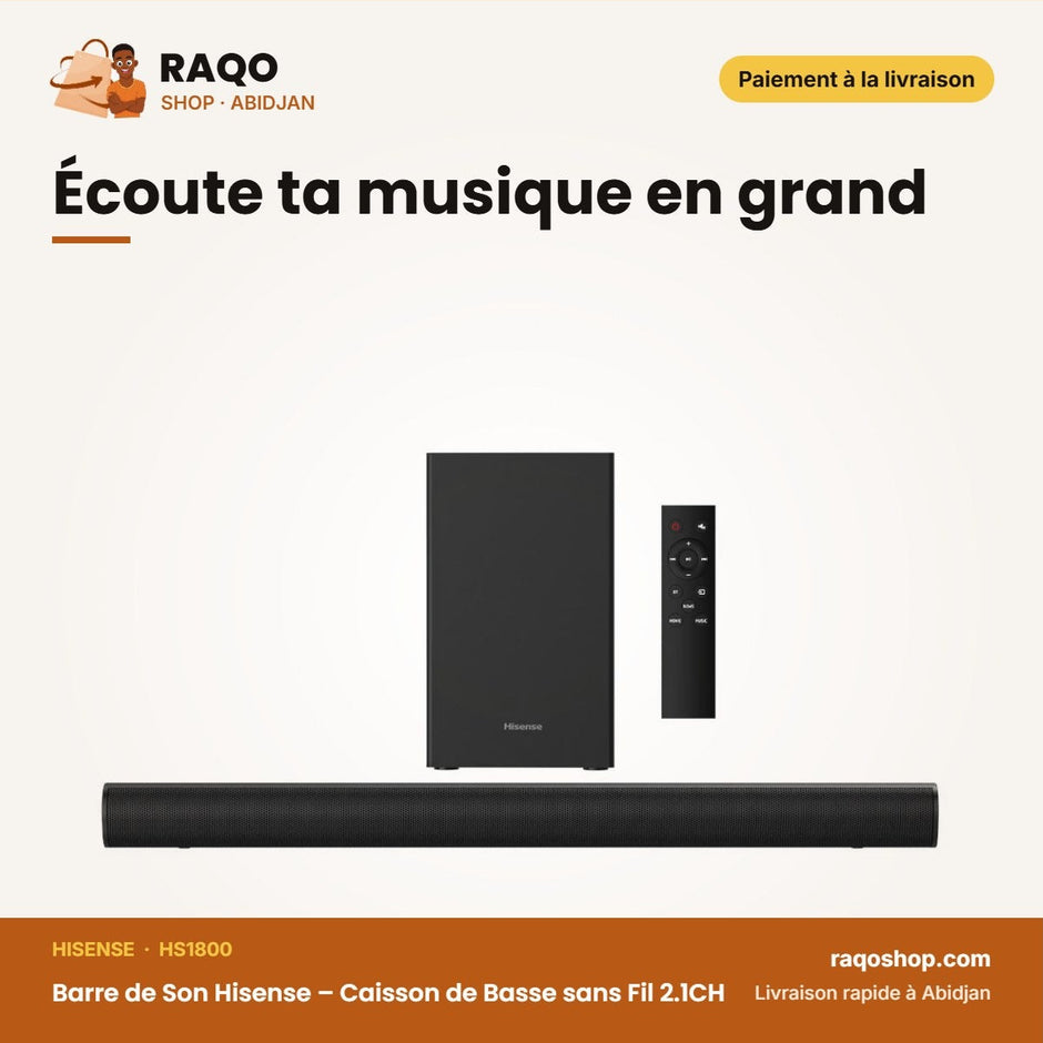 Barre de Son Hisense – Caisson de Basse sans Fil 2.1CH – 140W – Dolby Audio-HDMI-Bt | HS1800