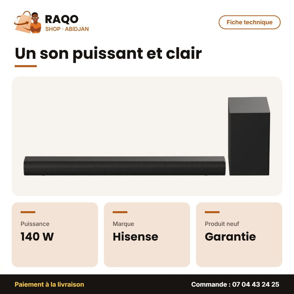 Barre de Son Hisense – Caisson de Basse sans Fil 2.1CH – 140W – Dolby Audio-HDMI-Bt | HS1800