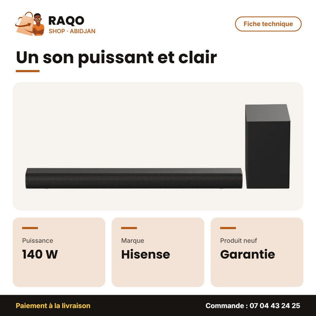 Barre de Son Hisense – Caisson de Basse sans Fil 2.1CH – 140W – Dolby Audio-HDMI-Bt | HS1800