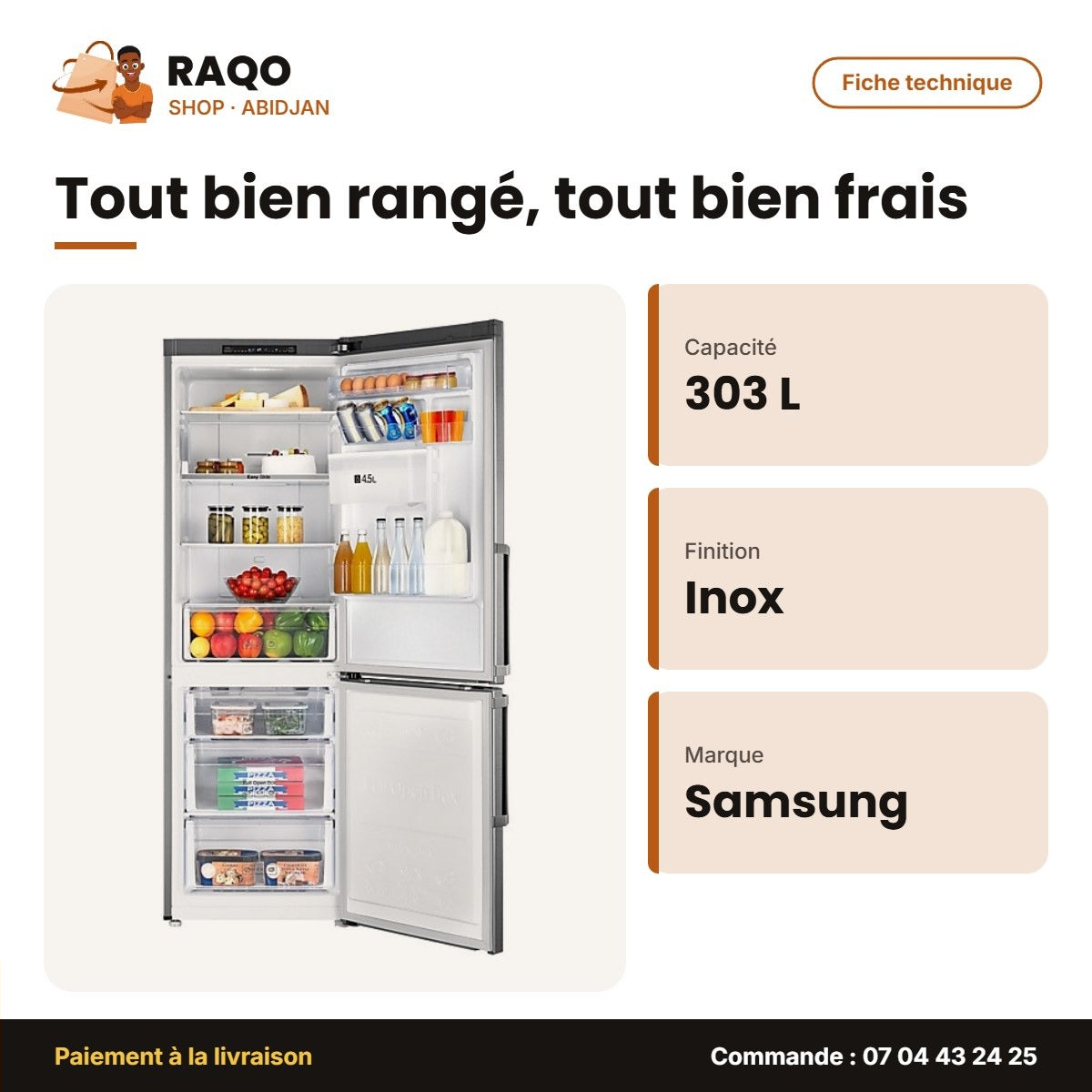 Réfrigérateur Samsung Combiné – 303LT(205+98) – 3TIR. au Congélateur – Inox | RB30J3700SA/MU
