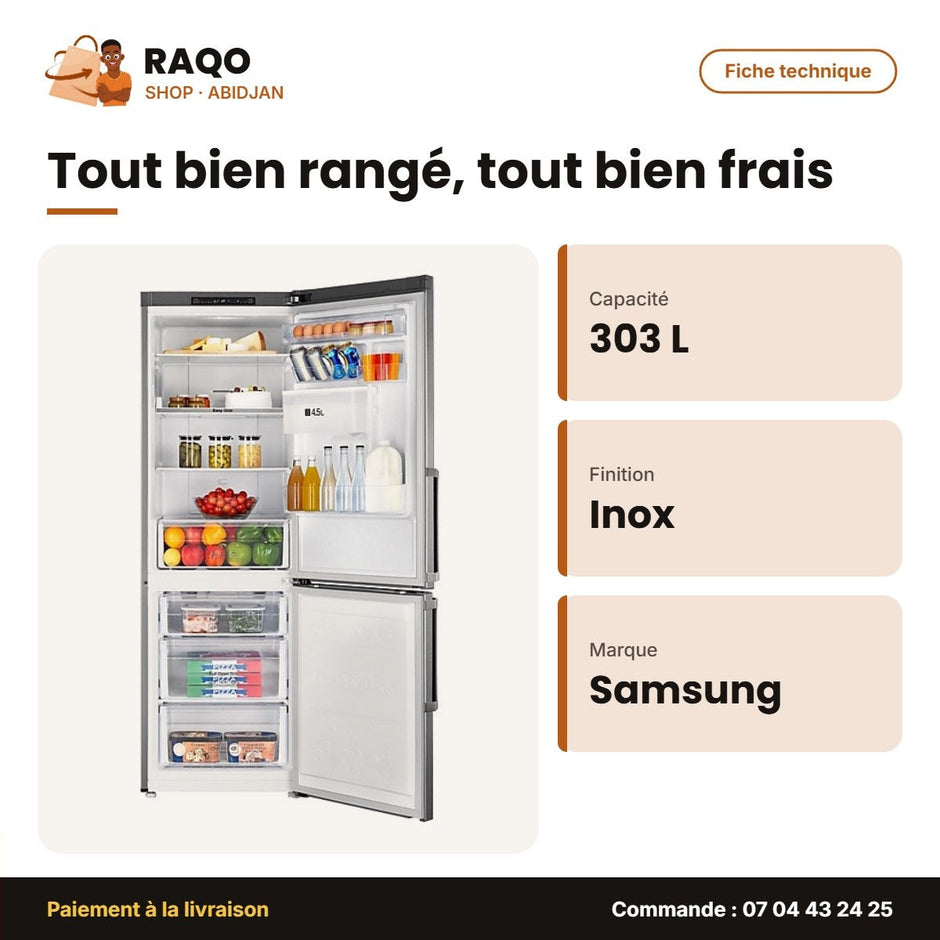 Réfrigérateur Samsung Combiné – 303LT(205+98) – 3TIR. au Congélateur – Inox | RB30J3700SA/MU