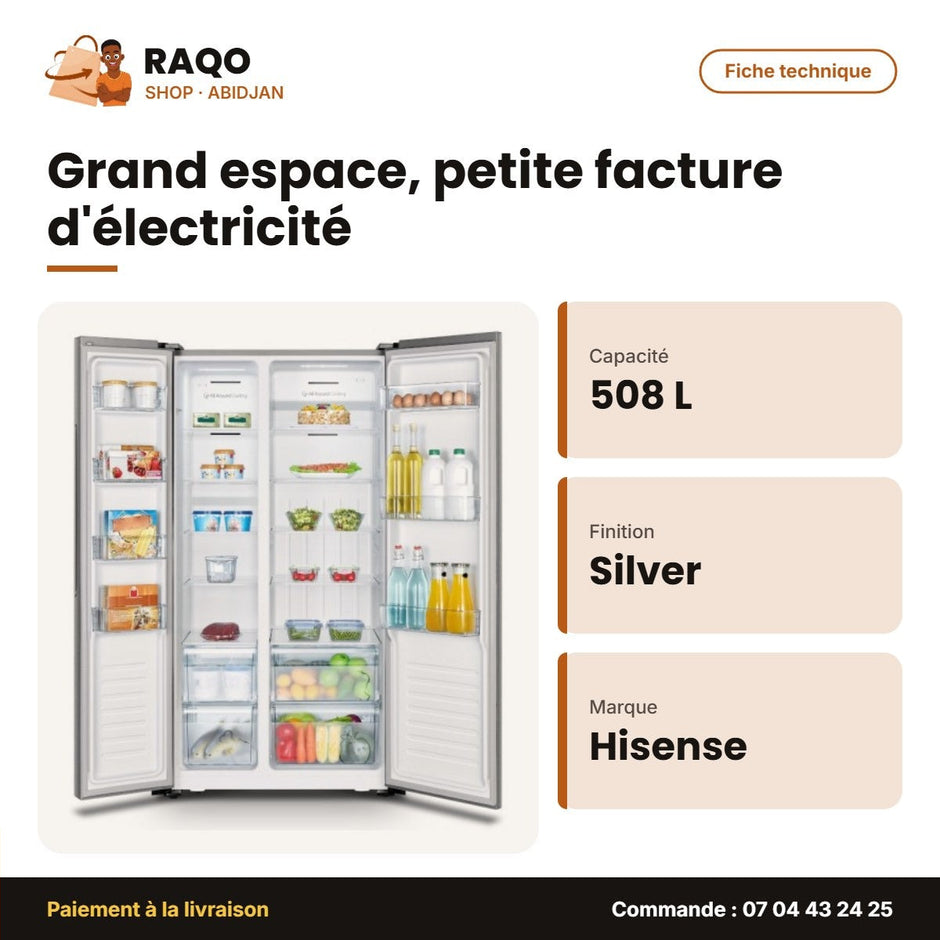 Réfrigérateur Américain Hisense 2 Portes 508L NET(334LT+174LT) – Silver – No Frost | RC-67WC4SB