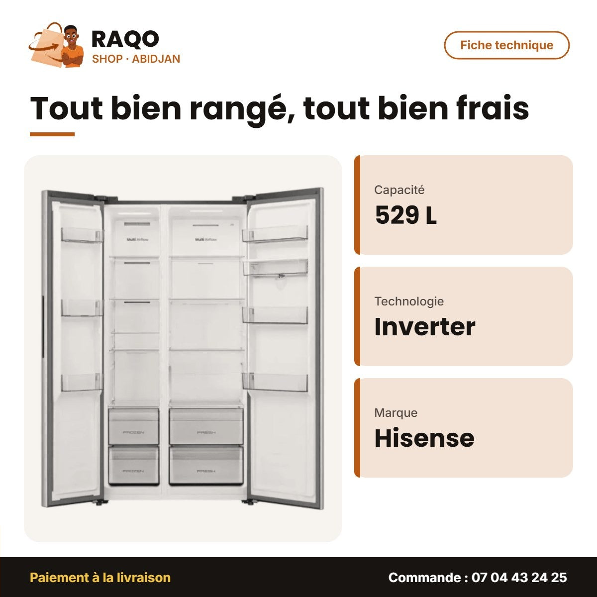 Réfrigérateur Américain Hisense – 2 Portes – Inverter – 529L | RS5P558NMSN