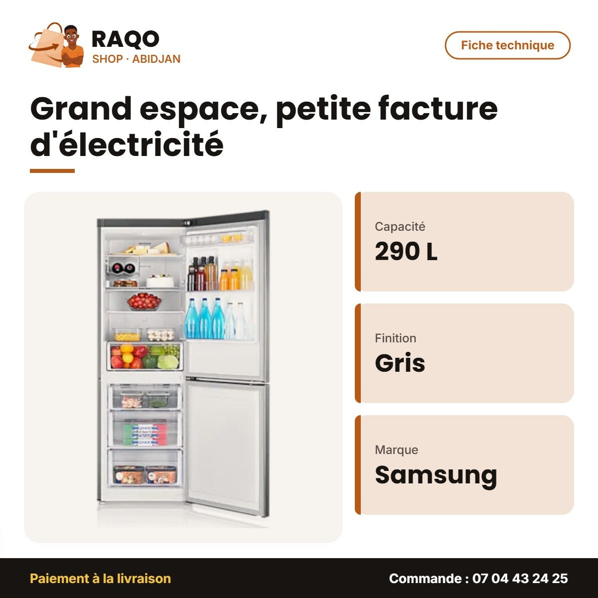Réfrigérateur Samsung Combiné – 290L (192+98) – Gris – 3TIROIRS | RB29FERNDSA/MU
