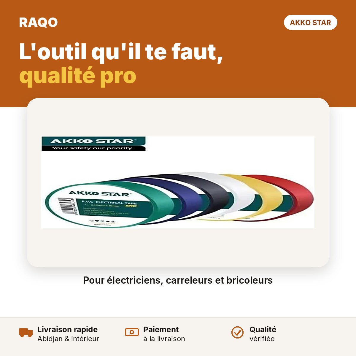 Ruban adhésif isolant PVC multicolore 18 mm × 10 m | Akko Star - RAQO