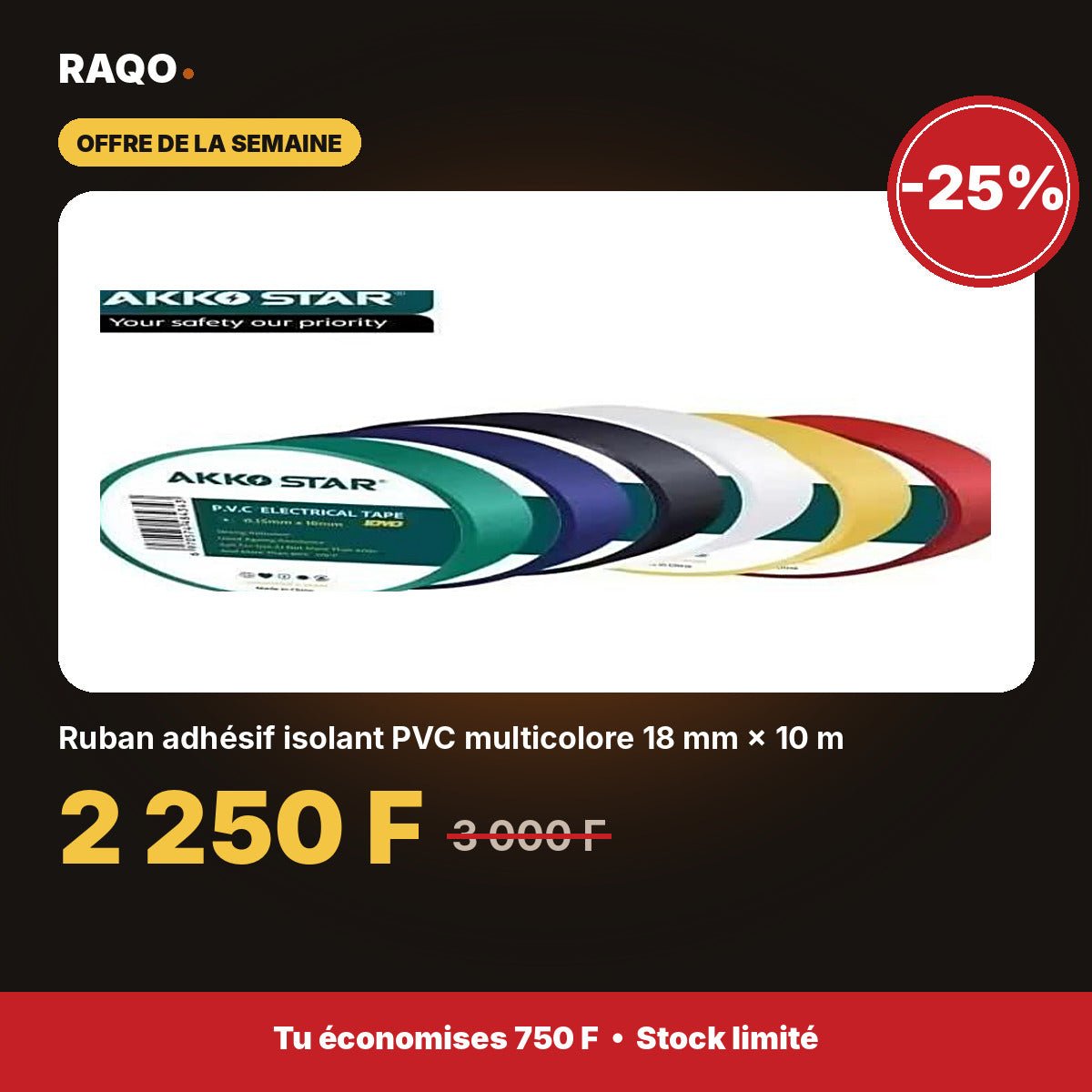 Ruban adhésif isolant PVC multicolore 18 mm × 10 m | Akko Star - RAQO