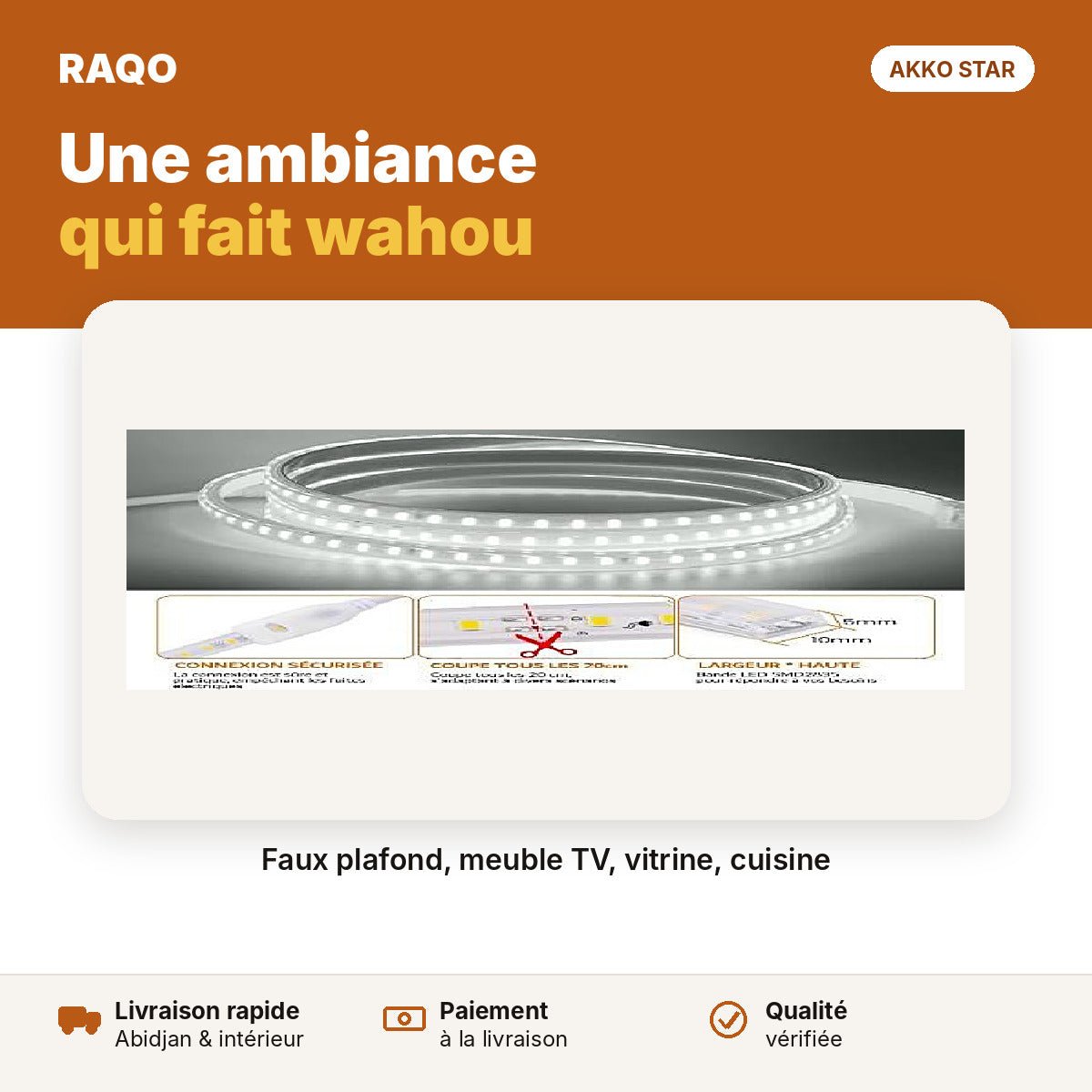 Ruban LED 220V 2835 180 LED/m – blanc 6500K (au mètre) | Akko Star - RAQO