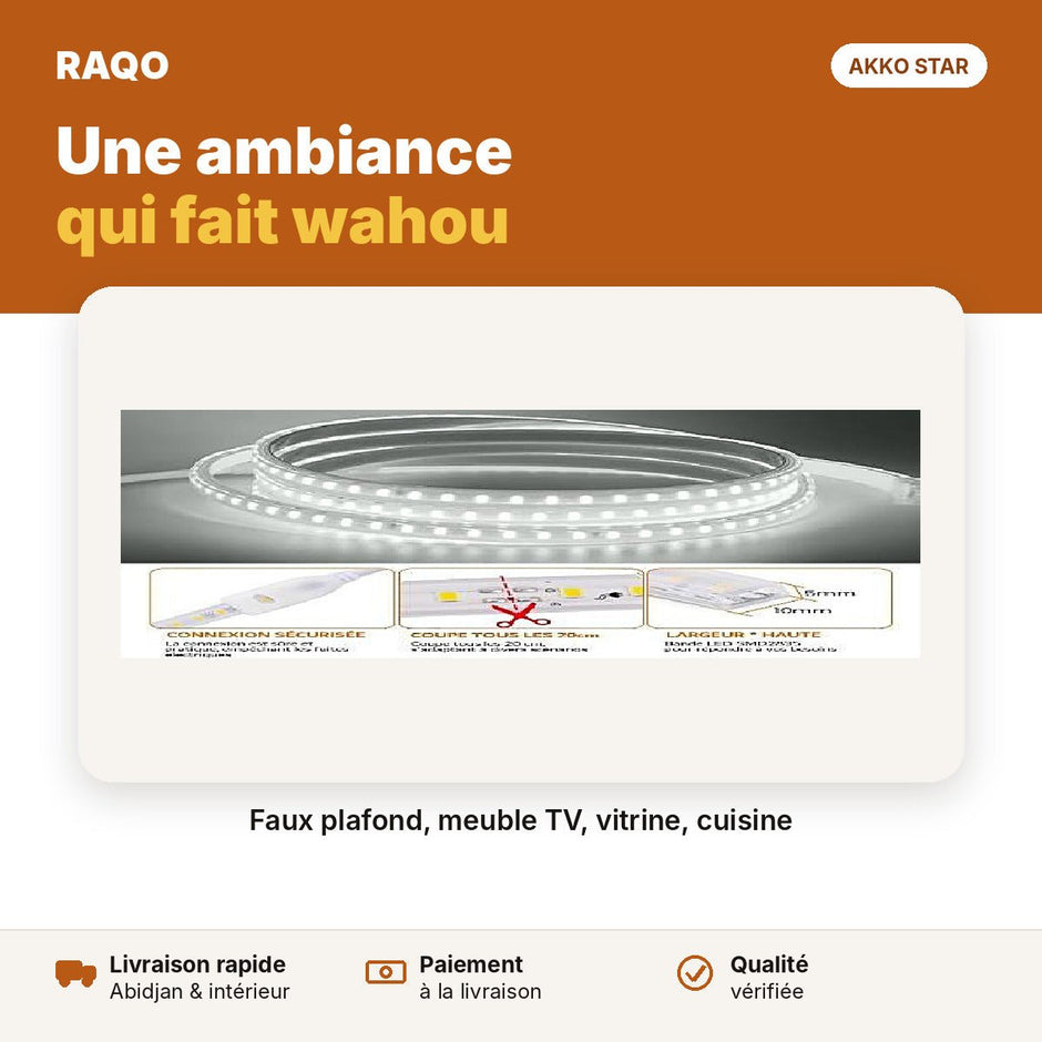 Ruban LED 220V 2835 180 LED/m – blanc 6500K (au mètre) | Akko Star - RAQO