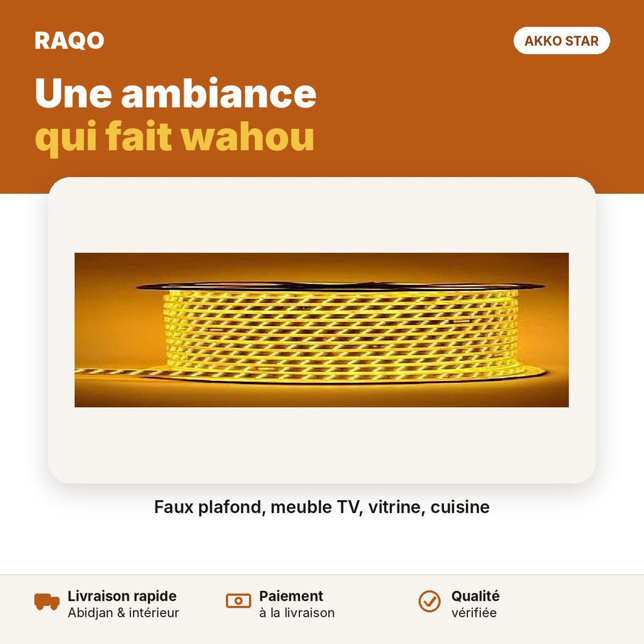 Ruban LED 220V 2835 180 LED/m – jaune 3000K (au mètre) | Akko Star - RAQO