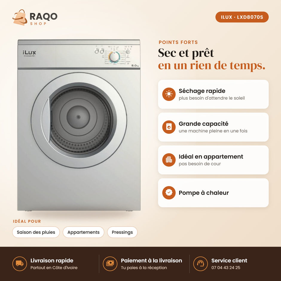 Sèche-linge iLUX – 8 kg - RAQO (points forts)
