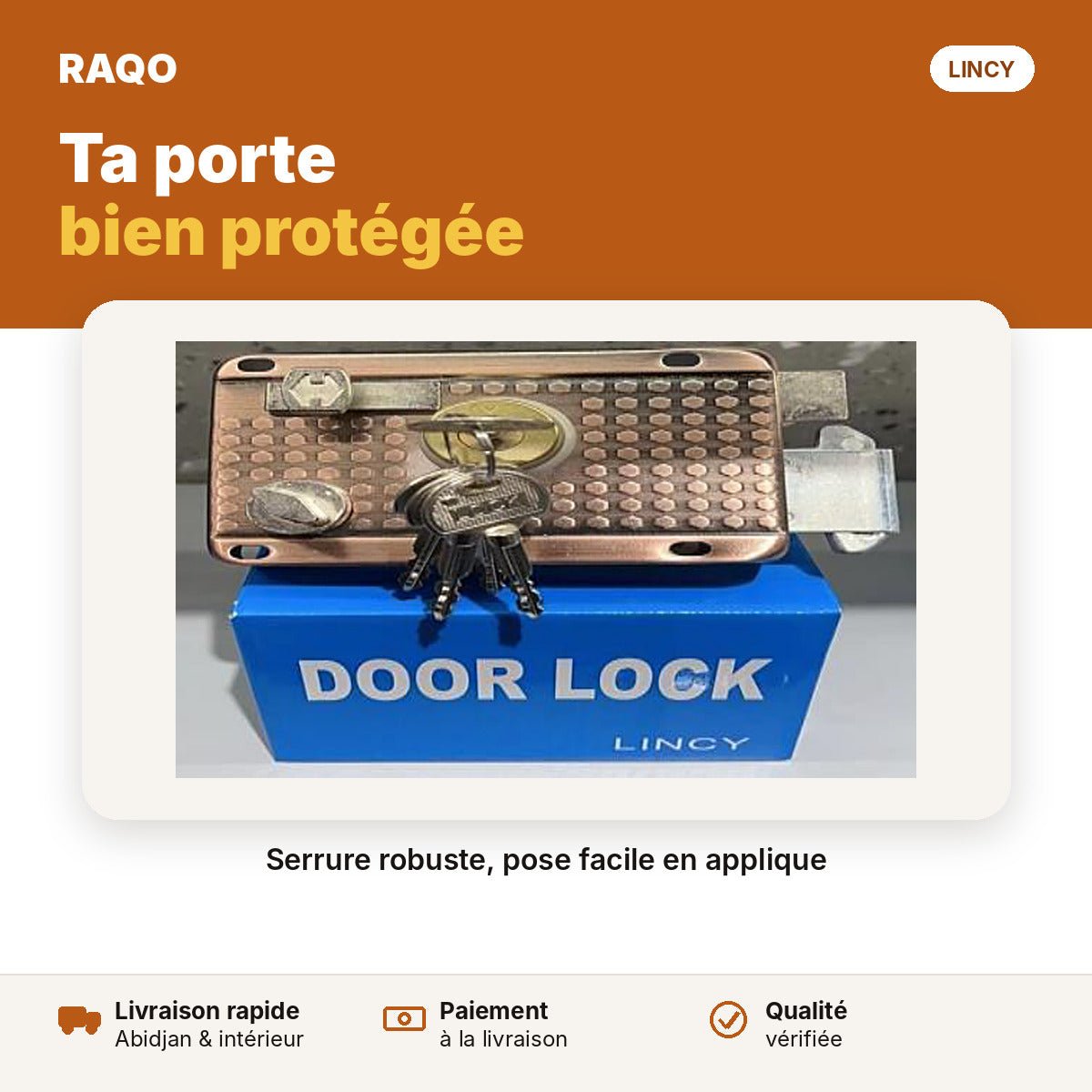 Serrure de porte en applique Lincy 210AC avec clés - RAQO
