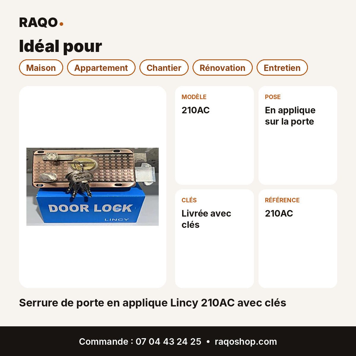 Serrure de porte en applique Lincy 210AC avec clés - RAQO