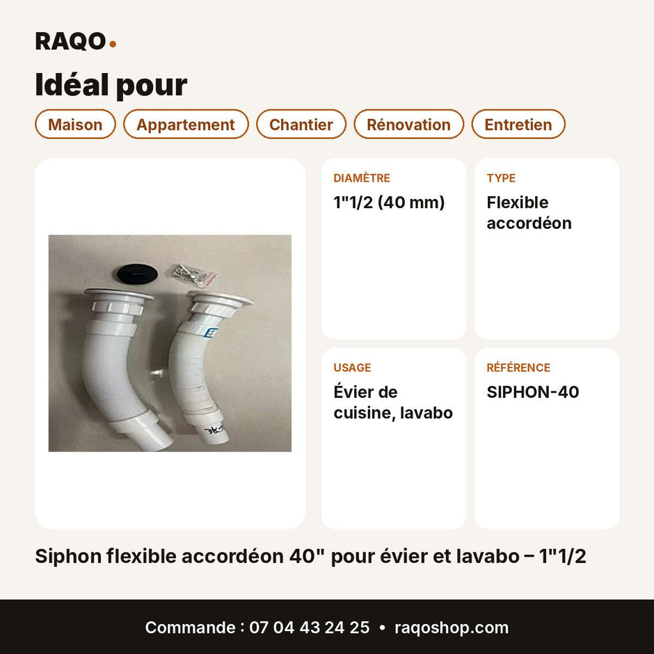 Siphon flexible accordéon 40" pour évier et lavabo – 1"1/2 - RAQO