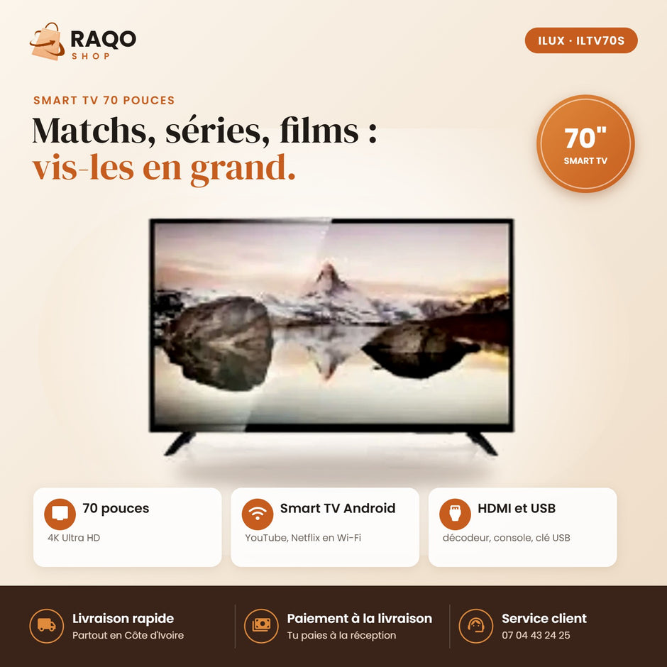 Smart TV iLUX – 70" – Android Wi-Fi – 4K - RAQO