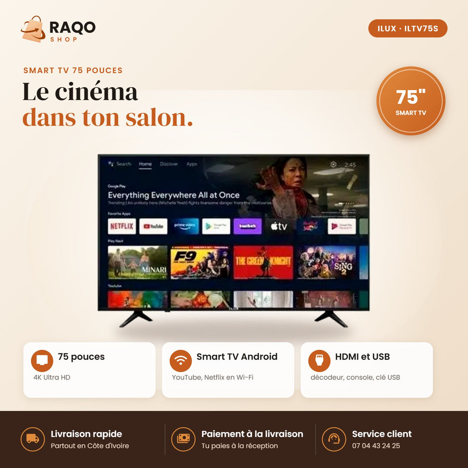 Smart TV iLUX – 75" – Android Wi-Fi – 4K - RAQO