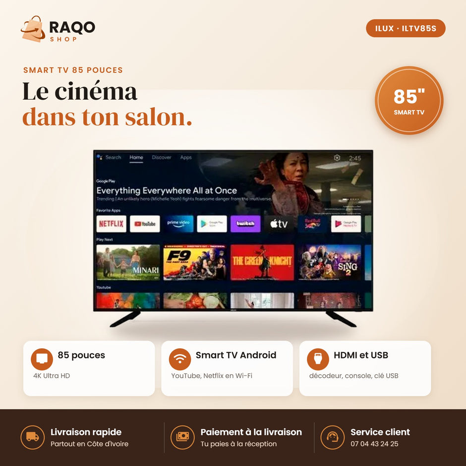 Smart TV iLUX – 85" – Android Wi-Fi – 4K - RAQO