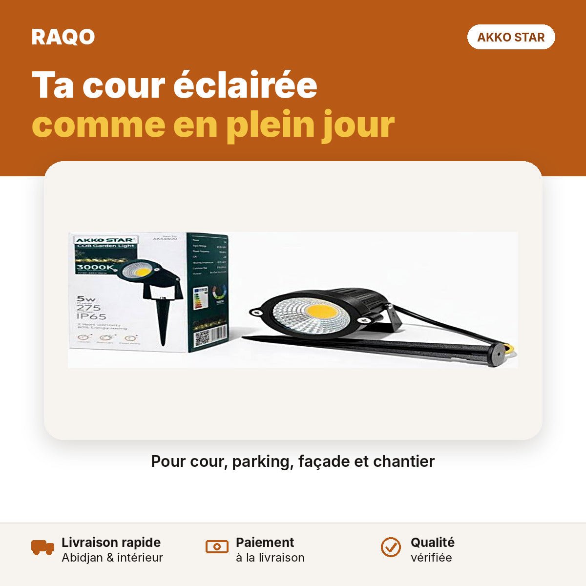 Spot de jardin LED COB 5W à piquer – lumière jaune | Akko Star - RAQO