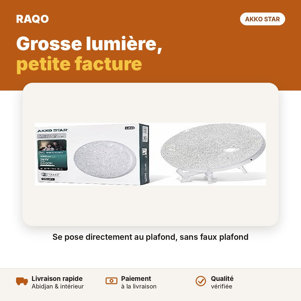 Spot LED apparent 36W diffuseur transparent – lumière blanche 6500K | Akko Star - RAQO