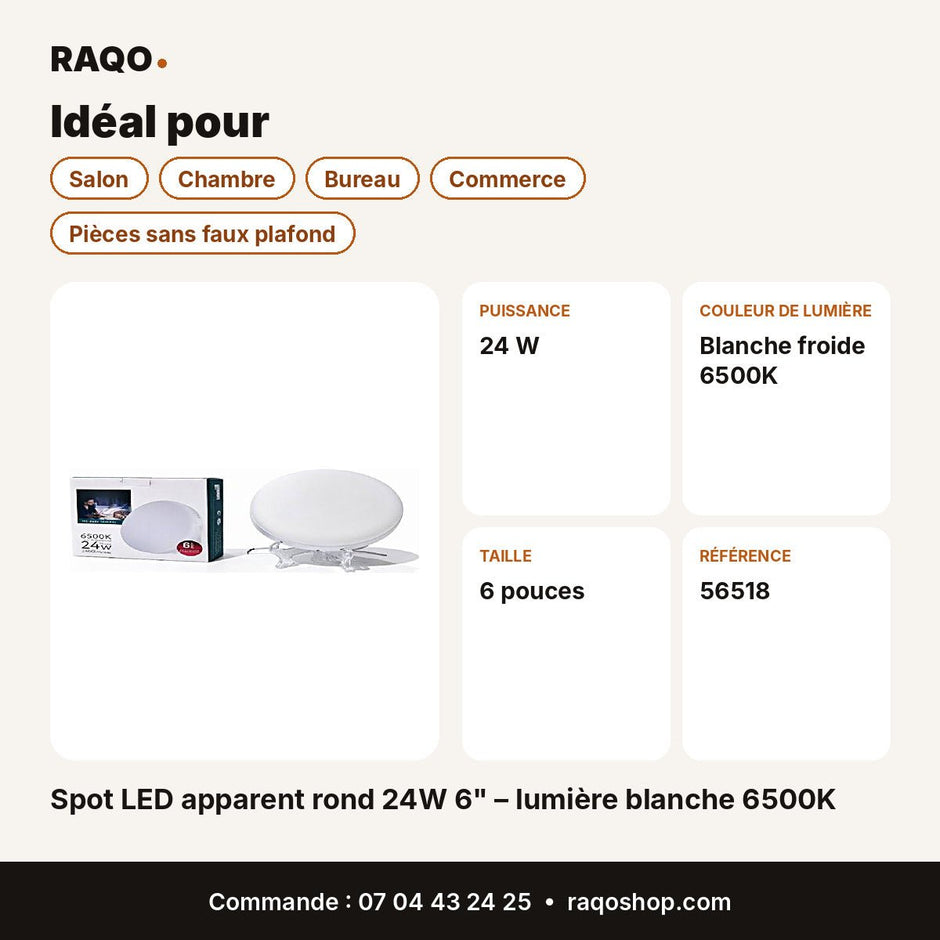 Spot LED apparent rond 24W 6" – lumière blanche 6500K | Akko Star - RAQO