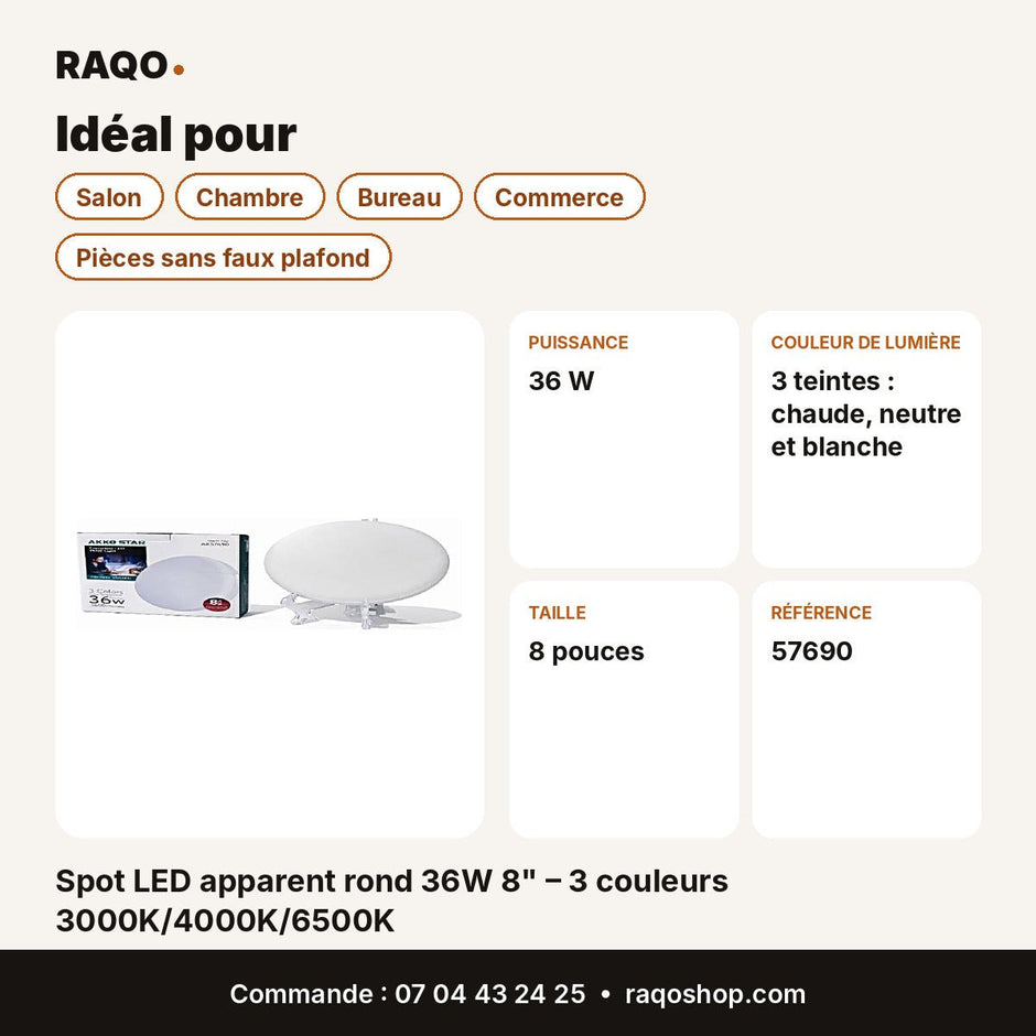 Spot LED apparent rond 36W 8" – 3 couleurs 3000K/4000K/6500K | Akko Star - RAQO
