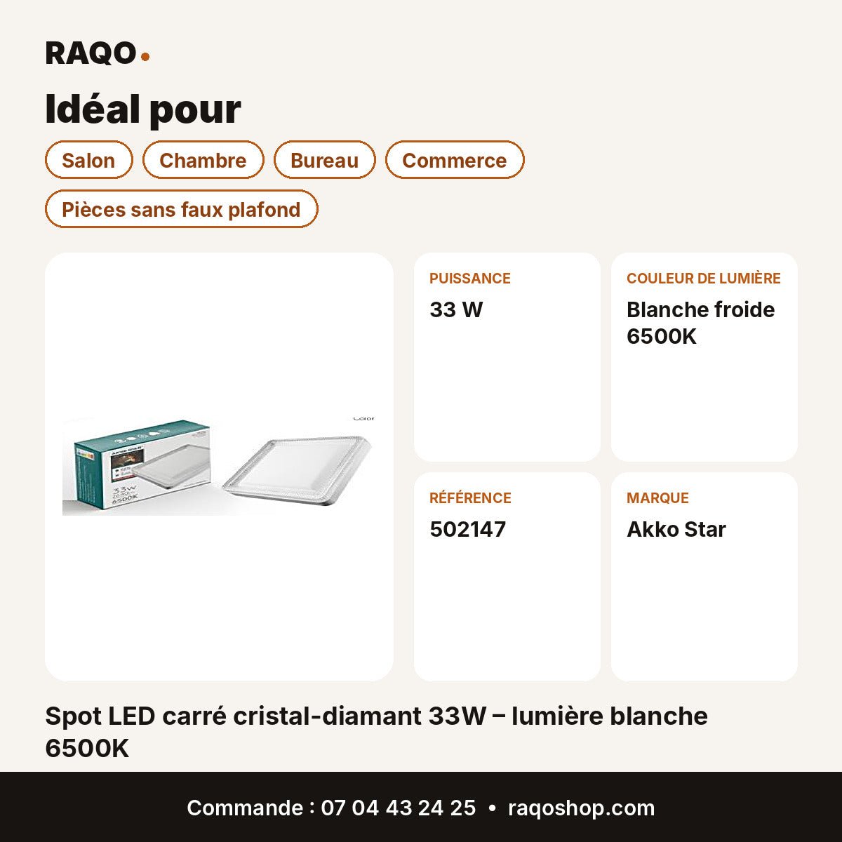 Spot LED carré cristal-diamant 33W – lumière blanche 6500K | Akko Star - RAQO
