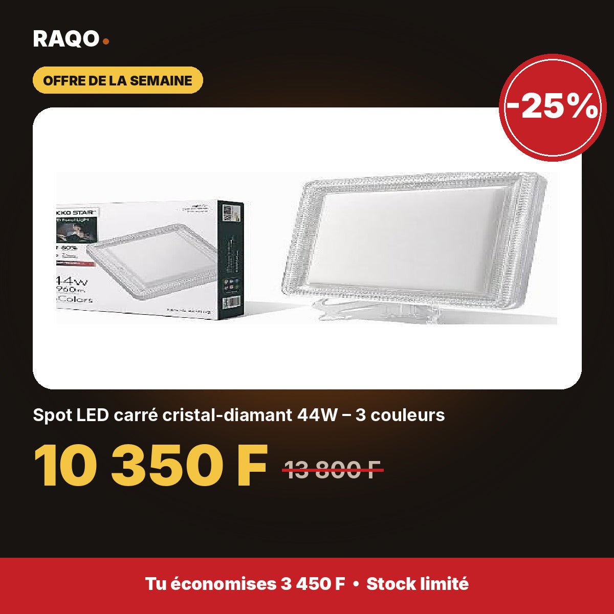 Spot LED carré cristal-diamant 44W – 3 couleurs | Akko Star - RAQO