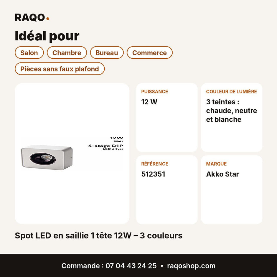 Spot LED en saillie 1 tête 12W – 3 couleurs | Akko Star - RAQO