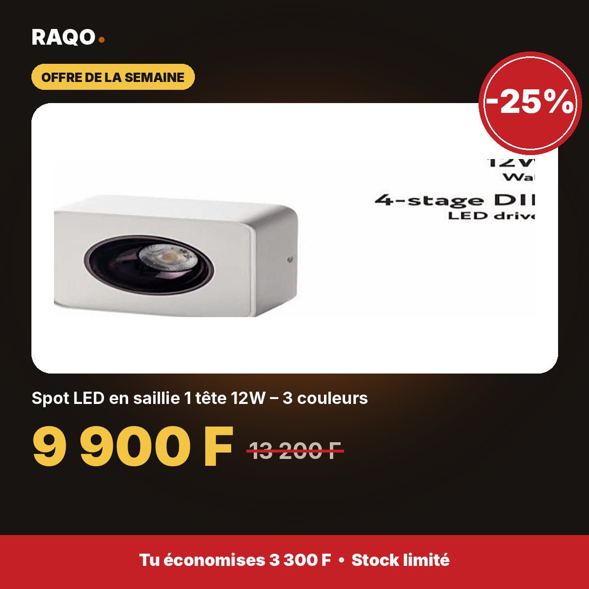 Spot LED en saillie 1 tête 12W – 3 couleurs | Akko Star - RAQO