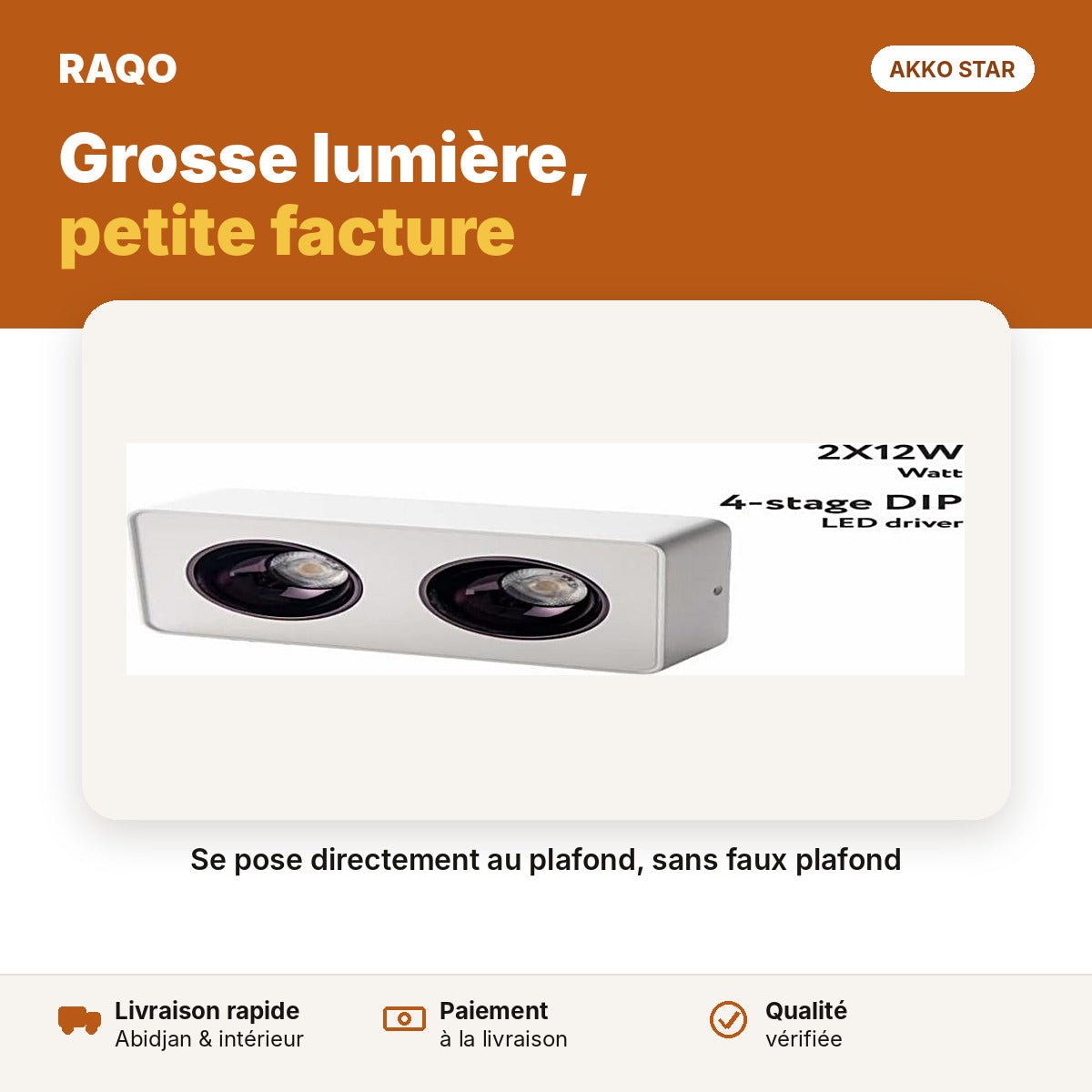 Spot LED en saillie 2 têtes 24W – 3 couleurs | Akko Star - RAQO