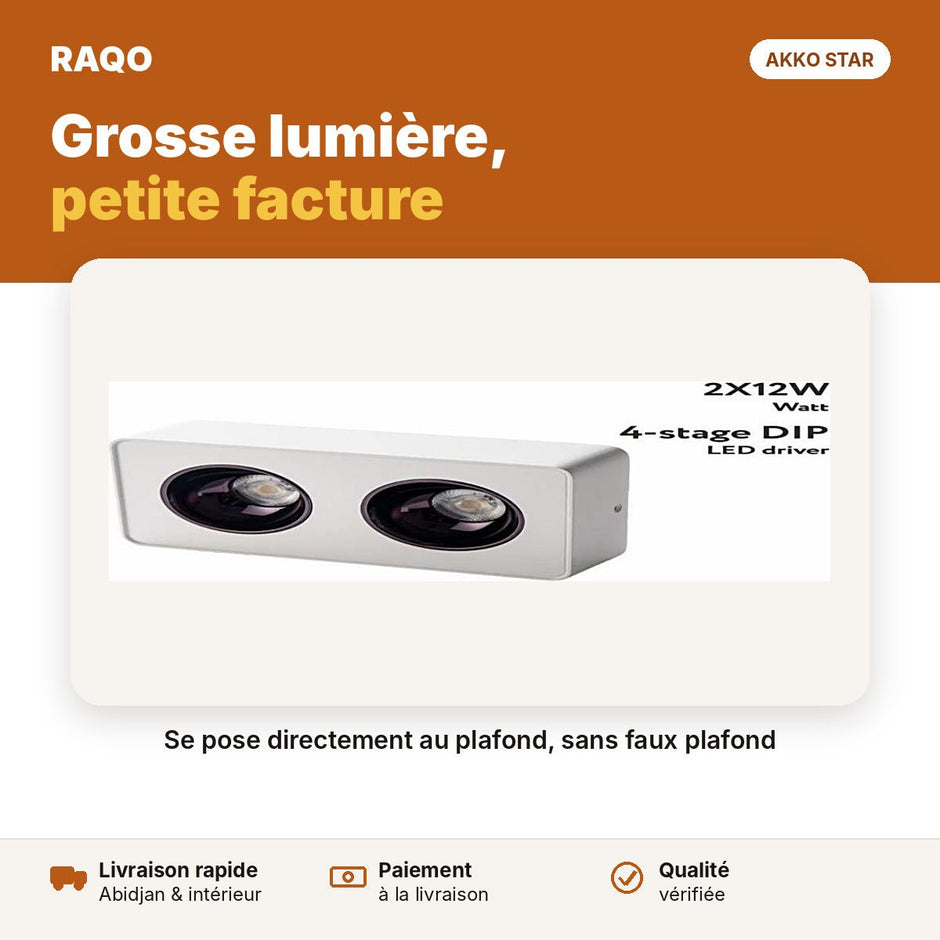 Spot LED en saillie 2 têtes 24W – 3 couleurs | Akko Star - RAQO