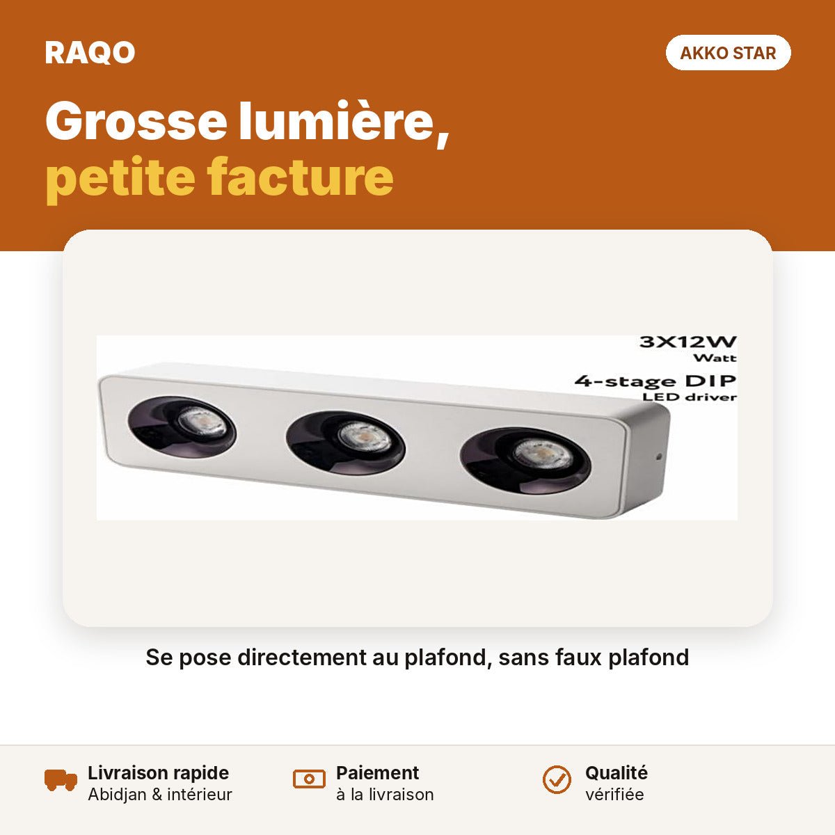 Spot LED en saillie 3 têtes 36W – 3 couleurs | Akko Star - RAQO