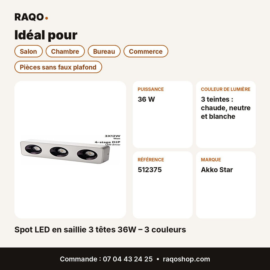 Spot LED en saillie 3 têtes 36W – 3 couleurs | Akko Star - RAQO