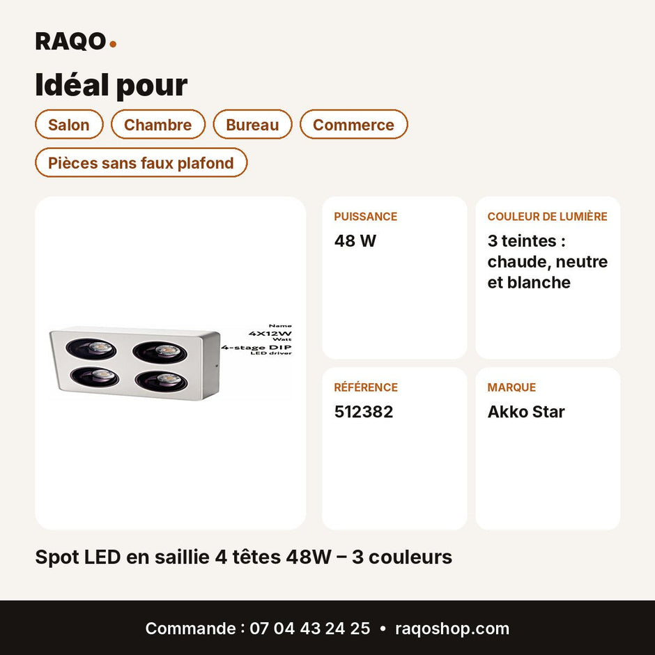 Spot LED en saillie 4 têtes 48W – 3 couleurs | Akko Star - RAQO