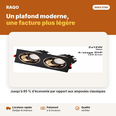 Spot LED encastrable 2 têtes 24W orientable – 3 couleurs | Akko Star - RAQO