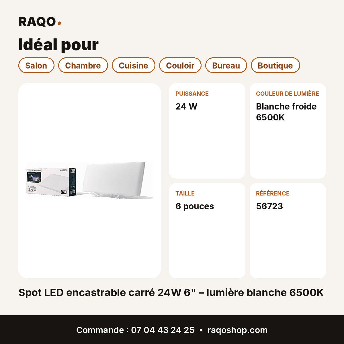 Spot LED encastrable carré 24W 6