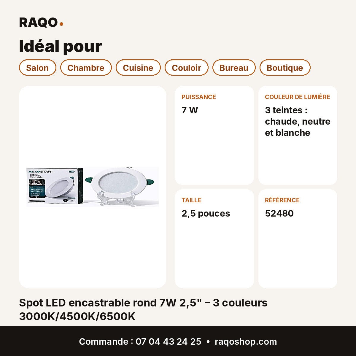 Spot LED encastrable rond 7W 2,5