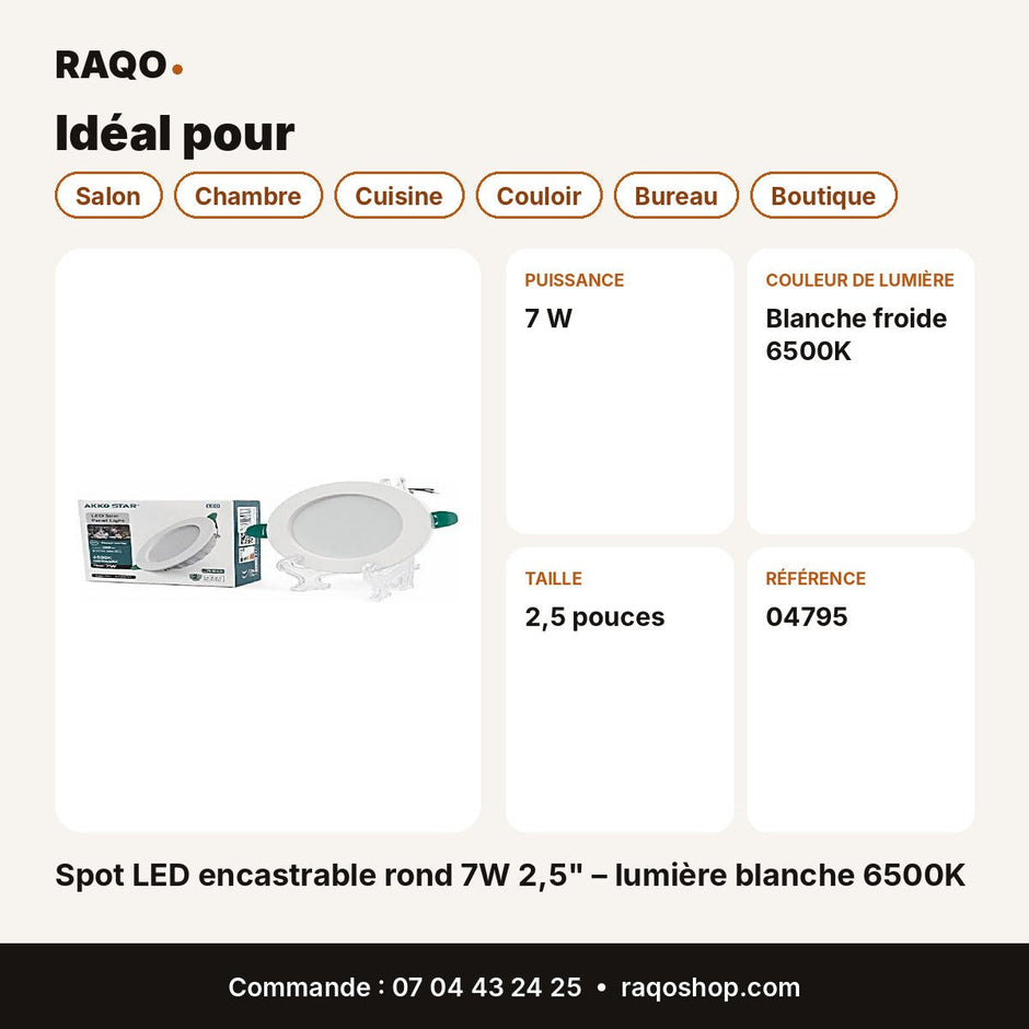 Spot LED encastrable rond 7W 2,5" – lumière blanche 6500K | Akko Star - RAQO