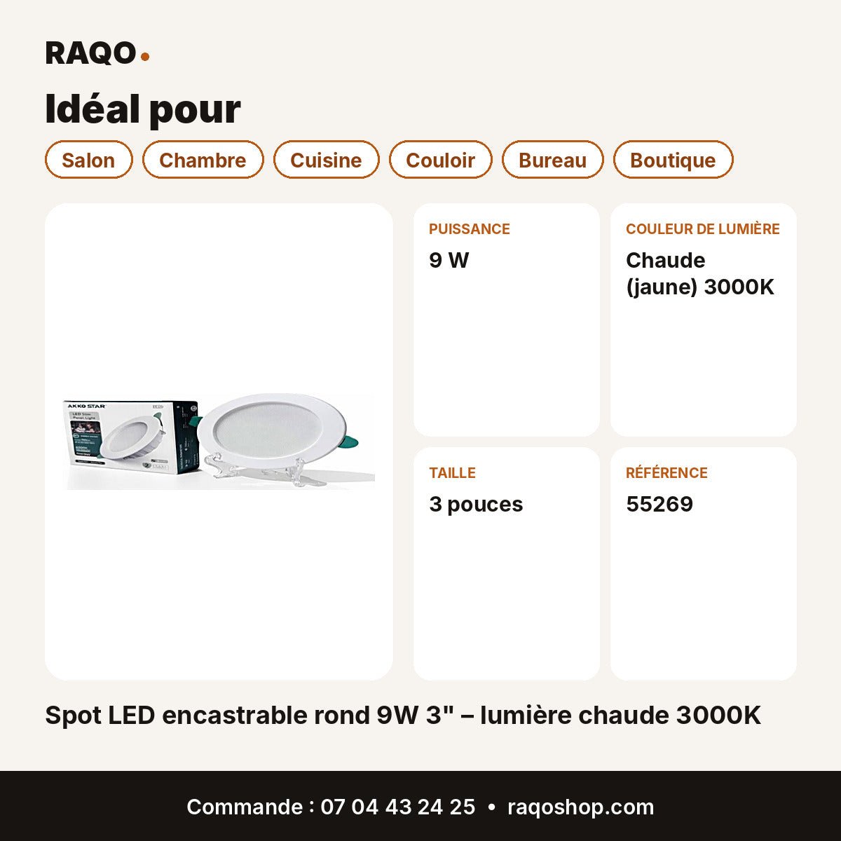 Spot LED encastrable rond 9W 3