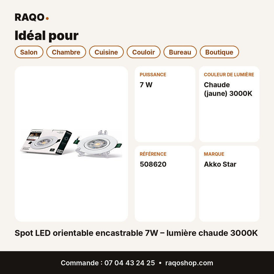 Spot LED orientable encastrable 7W – lumière chaude 3000K | Akko Star - RAQO