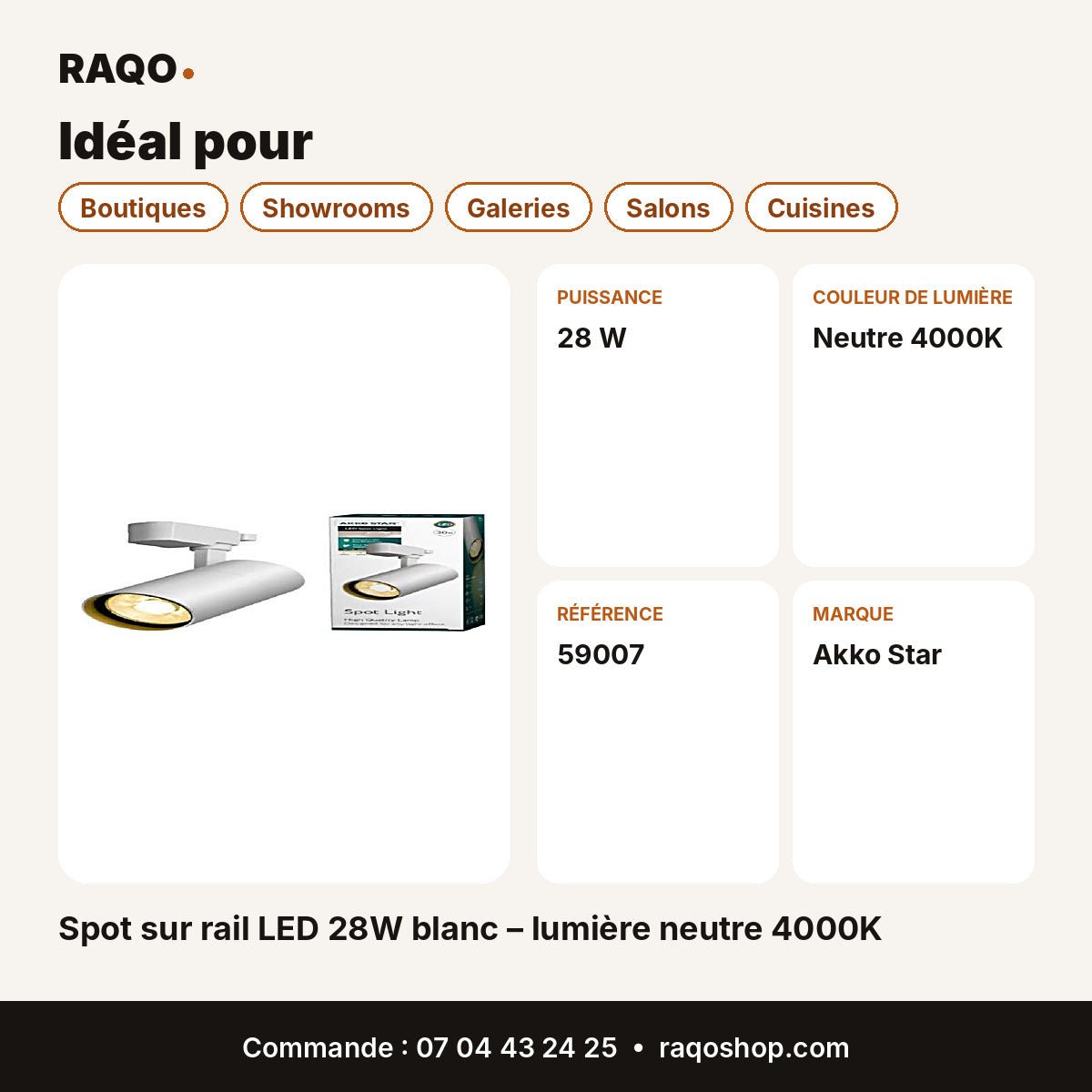 Spot sur rail LED 28W blanc – lumière neutre 4000K | Akko Star - RAQO