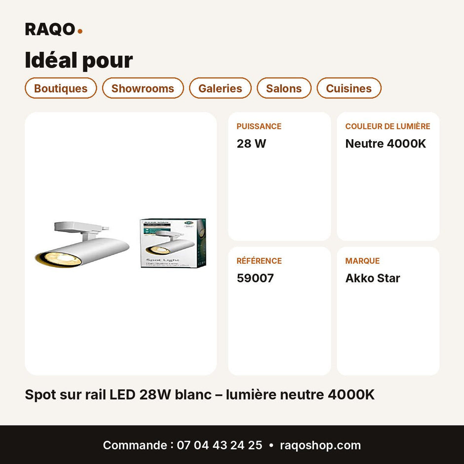 Spot sur rail LED 28W blanc – lumière neutre 4000K | Akko Star - RAQO