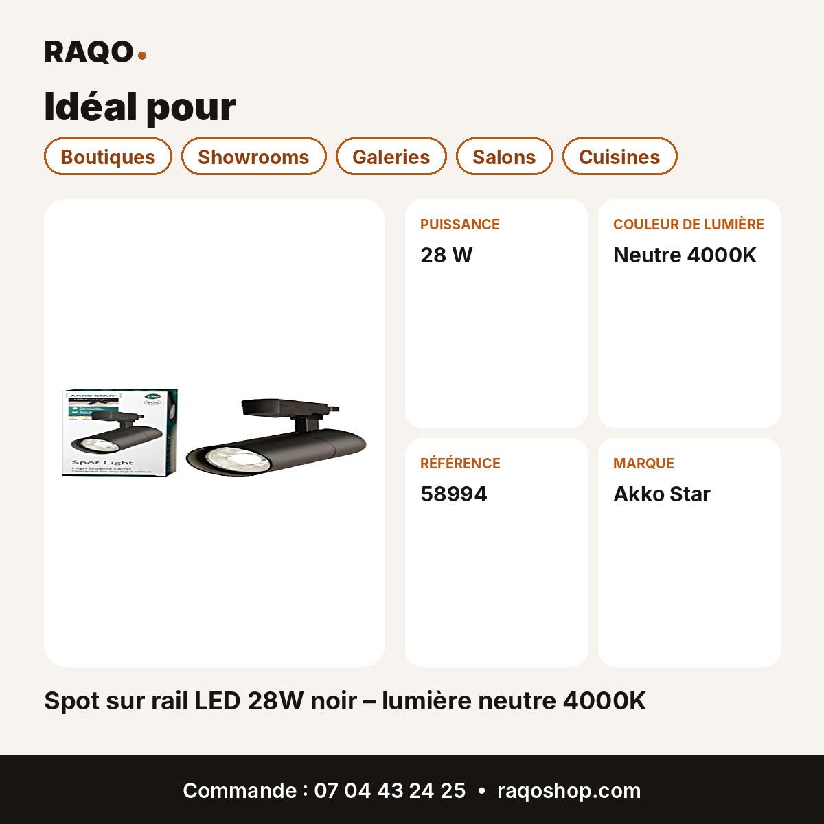 Spot sur rail LED 28W noir – lumière neutre 4000K | Akko Star - RAQO