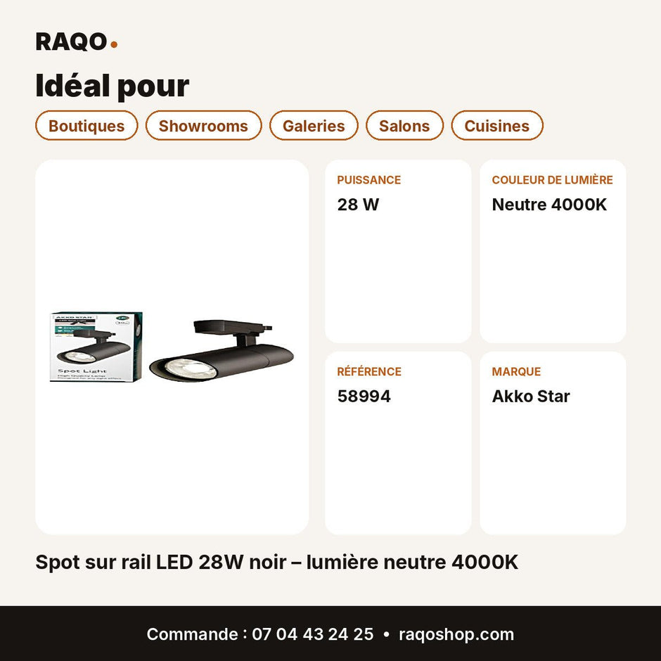 Spot sur rail LED 28W noir – lumière neutre 4000K | Akko Star - RAQO