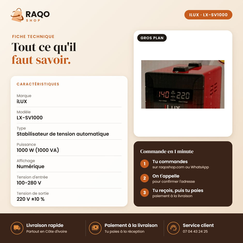 Stabilisateur de Tension iLUX – 1000 VA - RAQO (fiche technique)
