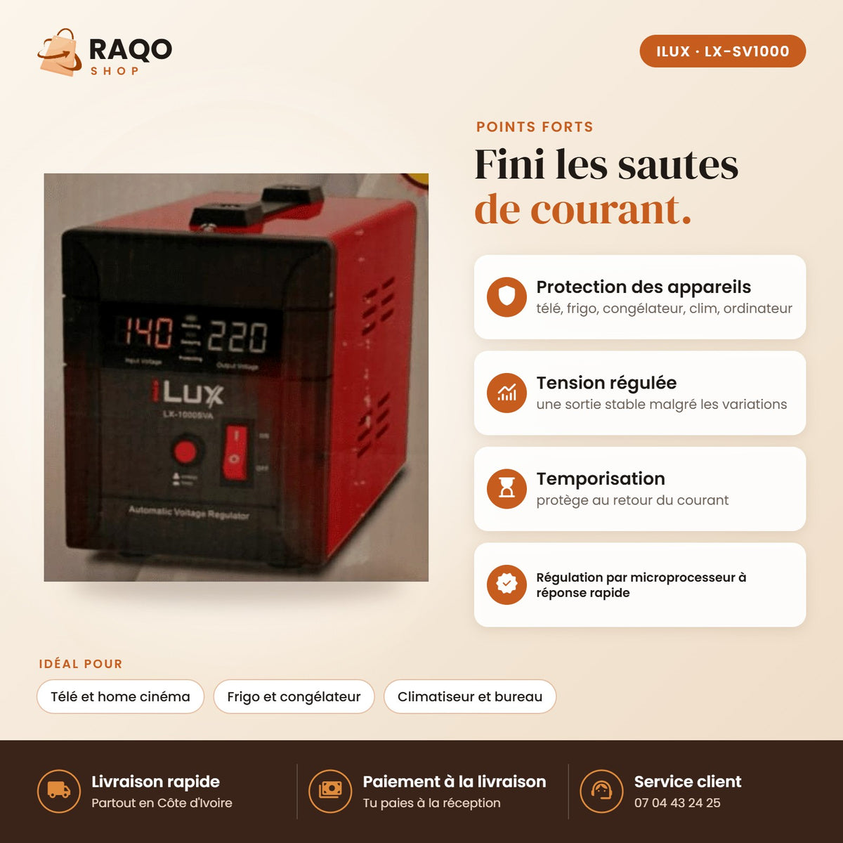 Stabilisateur de Tension iLUX – 1000 VA - RAQO (points forts)