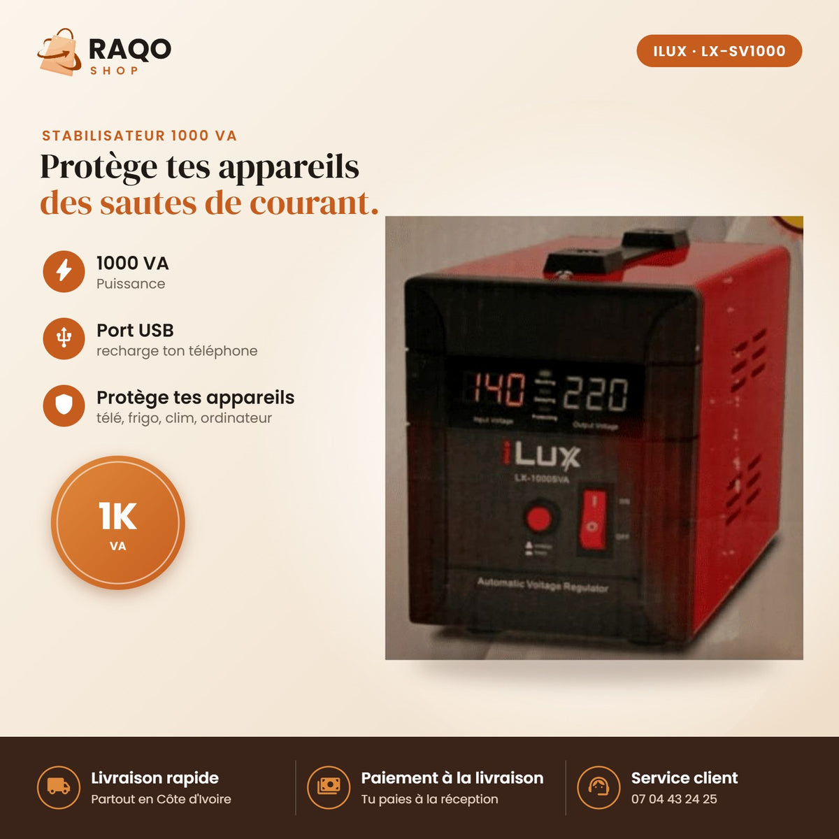 Stabilisateur de Tension iLUX – 1000 VA - RAQO