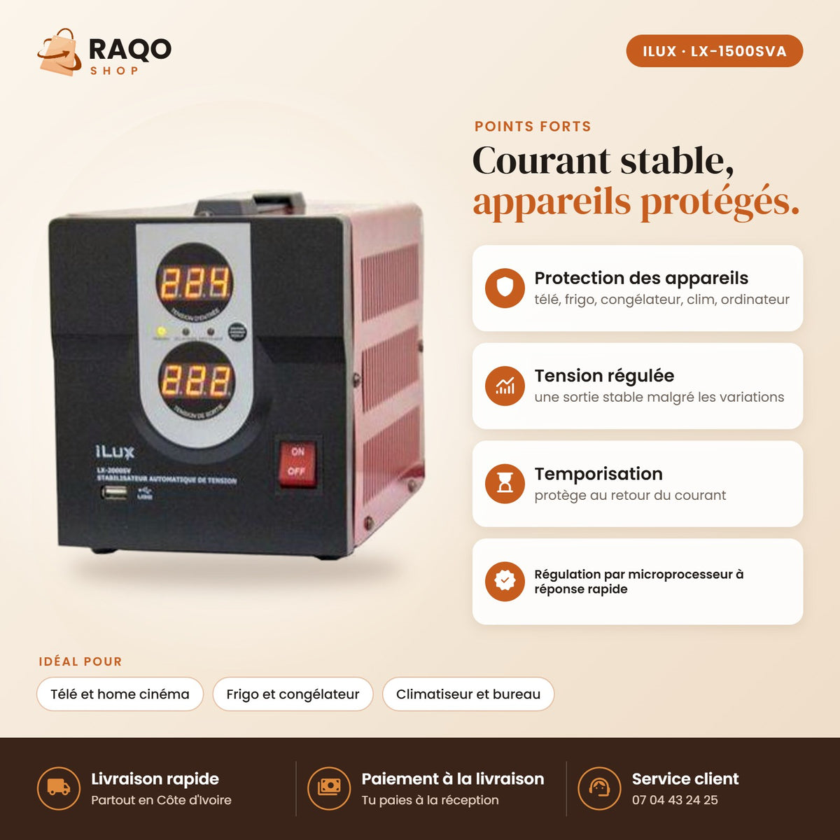Stabilisateur de Tension iLUX – 1500 VA - RAQO (points forts)