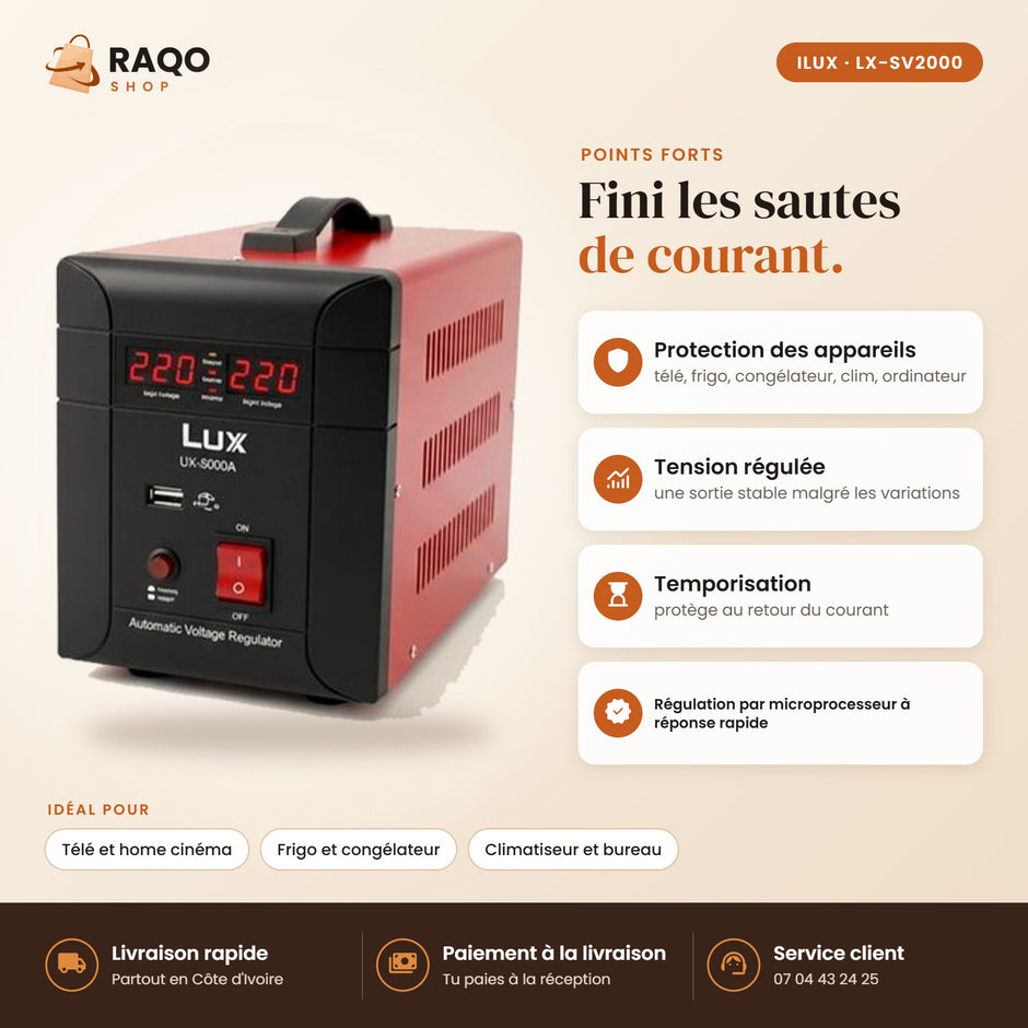 Stabilisateur de Tension iLUX – 2000 VA - RAQO (points forts)